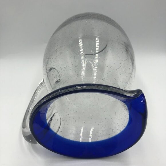 Cobalt Blue Rim Handblown Glass Pitcher With Handle Kitchen Drinkware - Picture 10 of 13